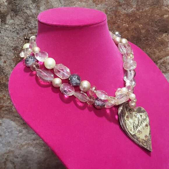 Believe Heart Pendant Two Layered Bead Necklace - Picture 3 of 12